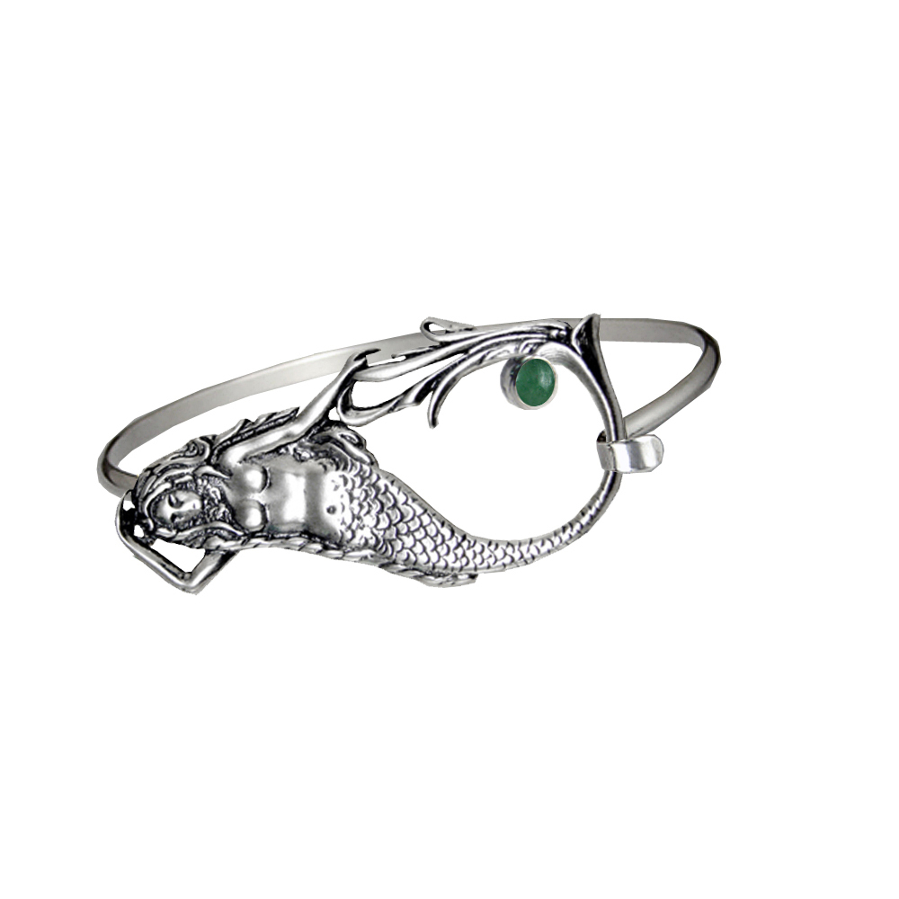 Sterling Silver Mermaid Strap Latch Spring Hook Bangle Bracelet With Jade